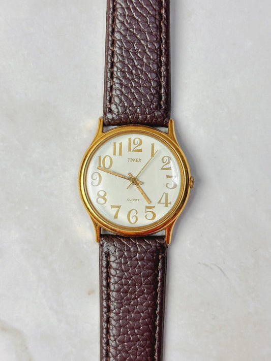Timex Classic Dress Watch – Gold Tone Case – Arabic Numerals – Brown Leather Strap – Quartz – Unisex - New Battery