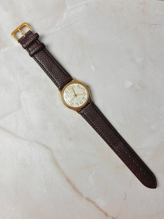 Timex Classic Dress Watch – Gold Tone Case – Arabic Numerals – Brown Leather Strap – Quartz – Unisex - New Battery