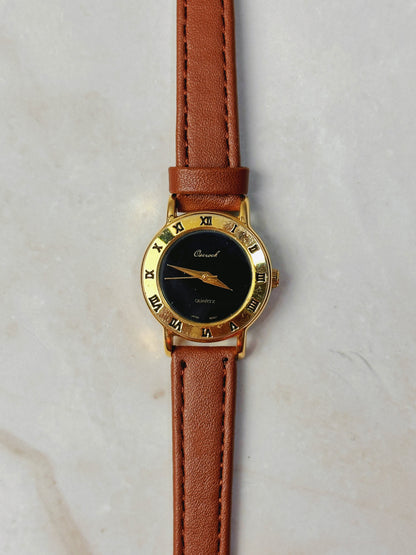 Ouwook Roman Numeral Bezel Watch – Gold Tone Case – Black Dial – Brown Leather Strap – Quartz – New Battery