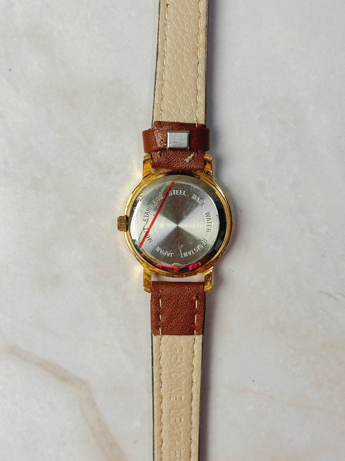 Ouwook Roman Numeral Bezel Watch – Gold Tone Case – Black Dial – Brown Leather Strap – Quartz – New Battery