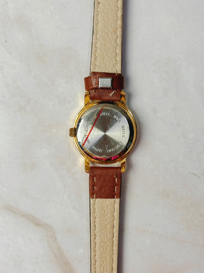 Ouwook Roman Numeral Bezel Watch – Gold Tone Case – Black Dial – Brown Leather Strap – Quartz – New Battery