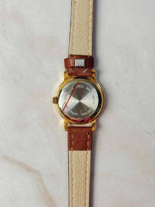 Ouwook Roman Numeral Bezel Watch – Gold Tone Case – Black Dial – Brown Leather Strap – Quartz – New Battery
