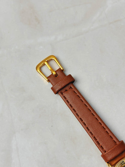 Ouwook Roman Numeral Bezel Watch – Gold Tone Case – Black Dial – Brown Leather Strap – Quartz – New Battery