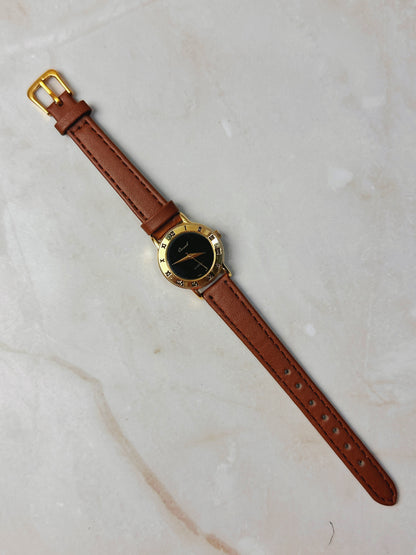 Ouwook Roman Numeral Bezel Watch – Gold Tone Case – Black Dial – Brown Leather Strap – Quartz – New Battery