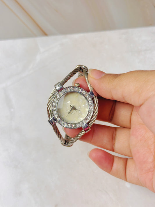 Silver Tone Cable Bracelet Watch – Crystal Bezel – Mother of Pearl Dial – Quartz – New Battery