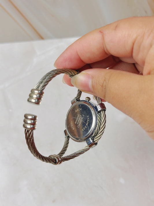 Silver Tone Cable Bracelet Watch – Crystal Bezel – Mother of Pearl Dial – Quartz – New Battery