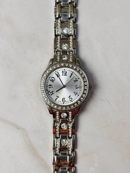 Silver Tone Crystal Bezel Watch – Arabic Numerals – Rhinestone Bracelet – Quartz – New Battery