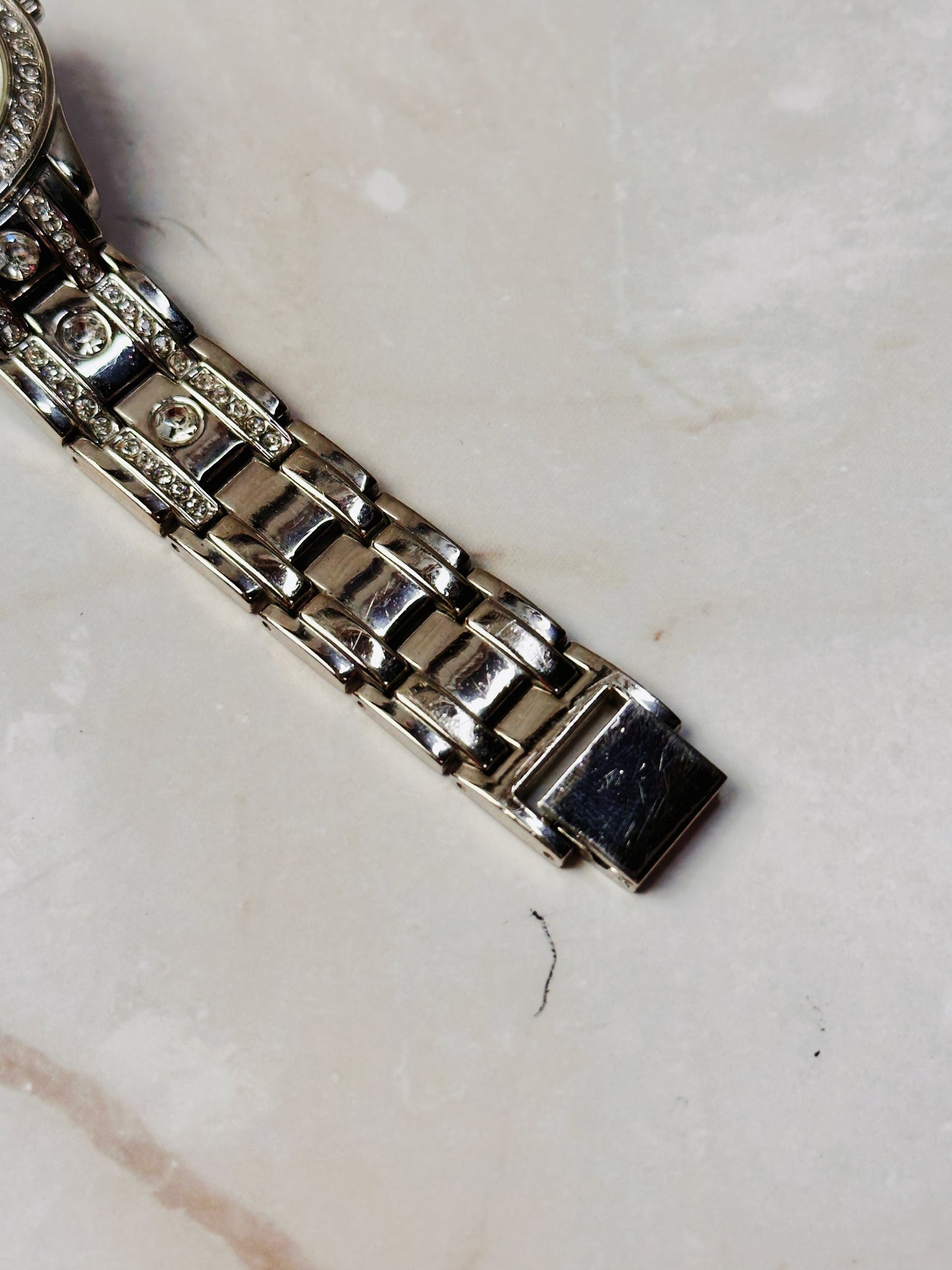 Silver Tone Crystal Bezel Watch – Arabic Numerals – Rhinestone Bracelet – Quartz – New Battery