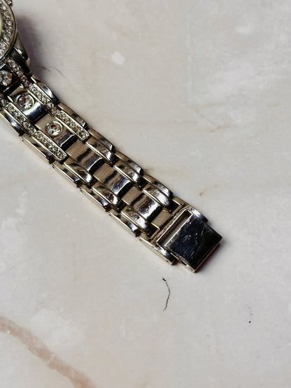 Silver Tone Crystal Bezel Watch – Arabic Numerals – Rhinestone Bracelet – Quartz – New Battery