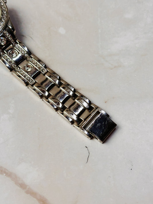 Silver Tone Crystal Bezel Watch – Arabic Numerals – Rhinestone Bracelet – Quartz – New Battery