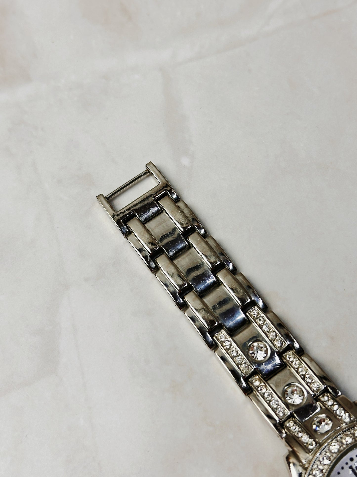 Silver Tone Crystal Bezel Watch – Arabic Numerals – Rhinestone Bracelet – Quartz – New Battery