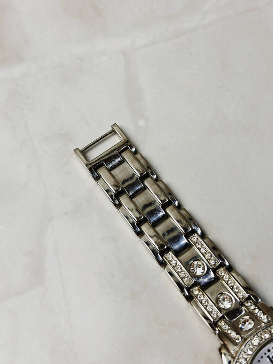 Silver Tone Crystal Bezel Watch – Arabic Numerals – Rhinestone Bracelet – Quartz – New Battery