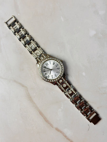 Silver Tone Crystal Bezel Watch – Arabic Numerals – Rhinestone Bracelet – Quartz – New Battery