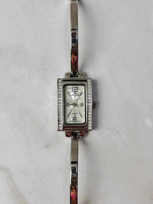 Côte d’Azur Rectangular Watch – Crystal Bezel – Silver Tone Bangle Bracelet – Quartz – New Battery