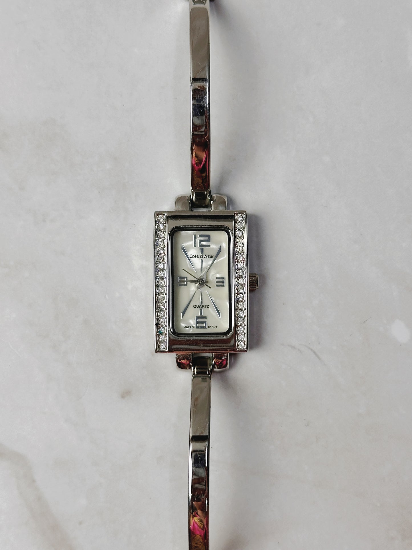 Côte d’Azur Rectangular Watch – Crystal Bezel – Silver Tone Bangle Bracelet – Quartz – New Battery