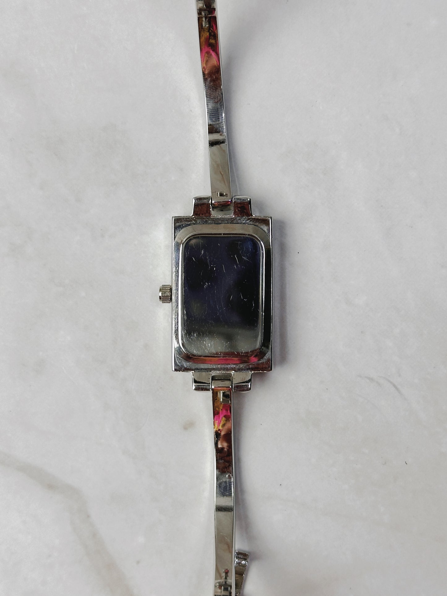 Côte d’Azur Rectangular Watch – Crystal Bezel – Silver Tone Bangle Bracelet – Quartz – New Battery