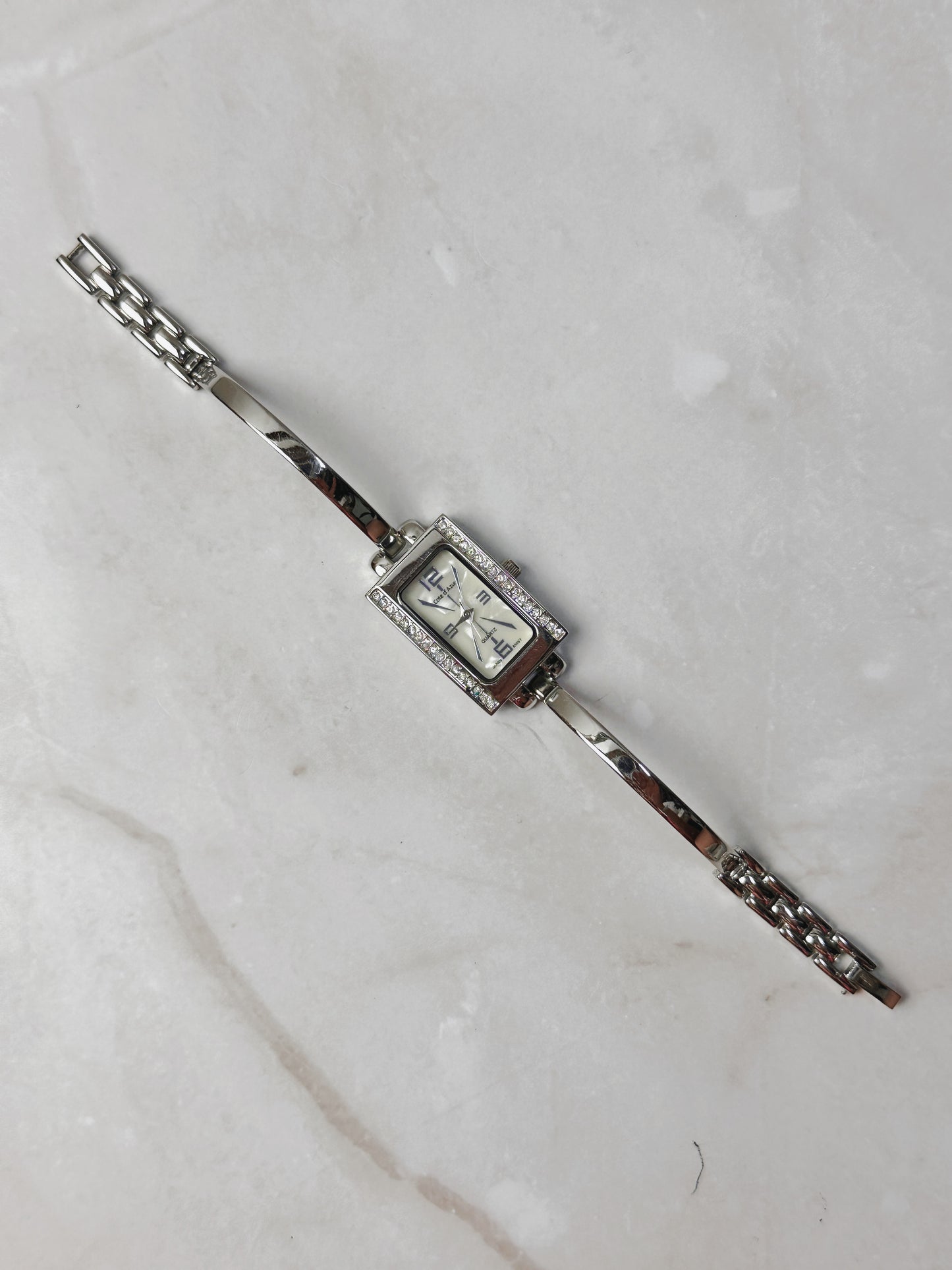 Côte d’Azur Rectangular Watch – Crystal Bezel – Silver Tone Bangle Bracelet – Quartz – New Battery