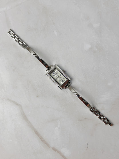 Côte d’Azur Rectangular Watch – Crystal Bezel – Silver Tone Bangle Bracelet – Quartz – New Battery