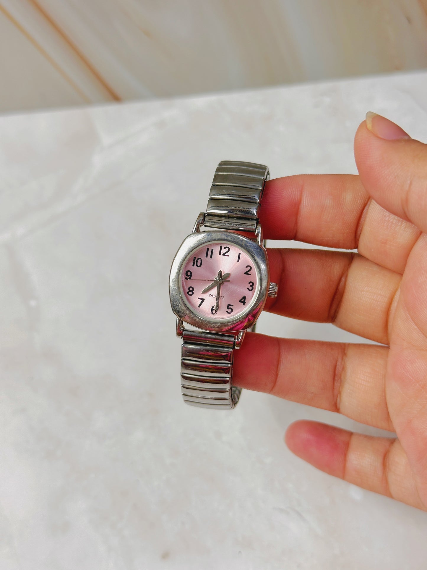 Silver Tone Watch – Pink Dial – Arabic Numerals – Stretch Bracelet – Quartz – New Battery