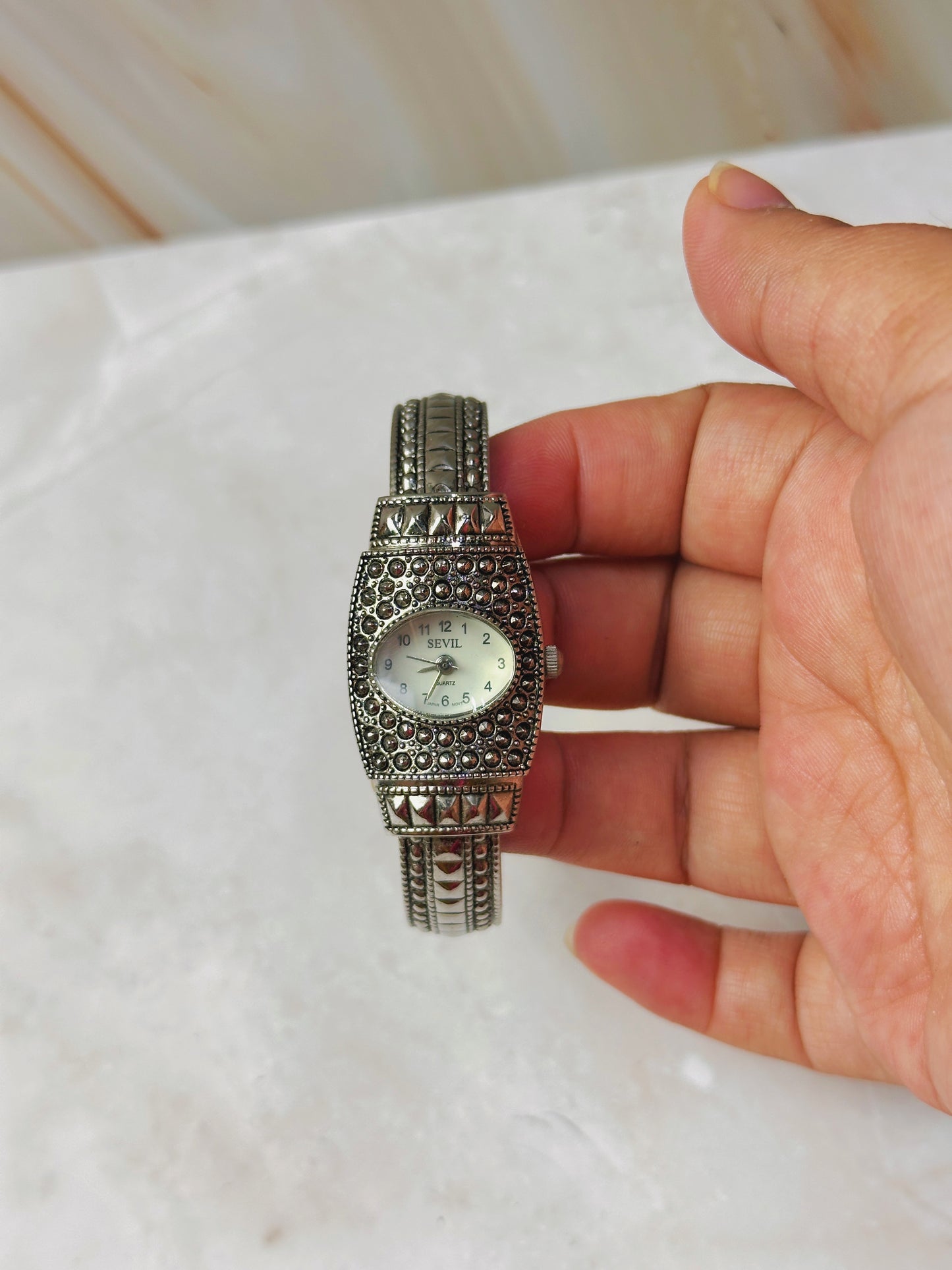 Sevil Marcasite Style Watch – Silver Tone – Decorative Crystal Case – Stretch Bracelet – Quartz – New Battery