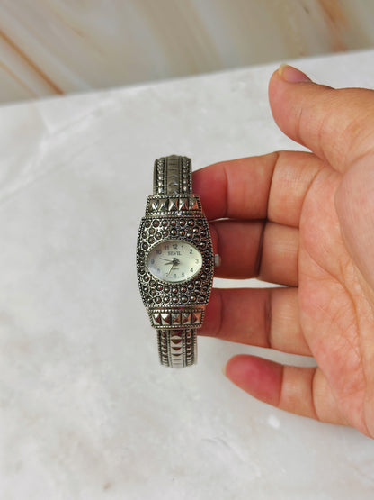 Sevil Marcasite Style Watch – Silver Tone – Decorative Crystal Case – Stretch Bracelet – Quartz – New Battery