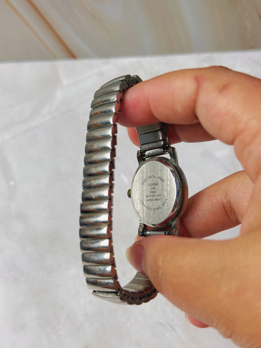 Classic Silver Tone Watch – White Dial – Arabic Numerals – Stretch Bracelet – Quartz – New Battery