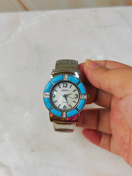 Geneva Turquoise Bezel Watch – Silver Tone – Crystal Bangle Accents – Quartz – New Battery