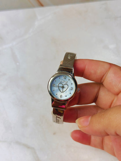 Love Heart Dial Watch – Blue Mother of Pearl Dial – Silver Tone Bangle Bracelet – Quartz – New Battery