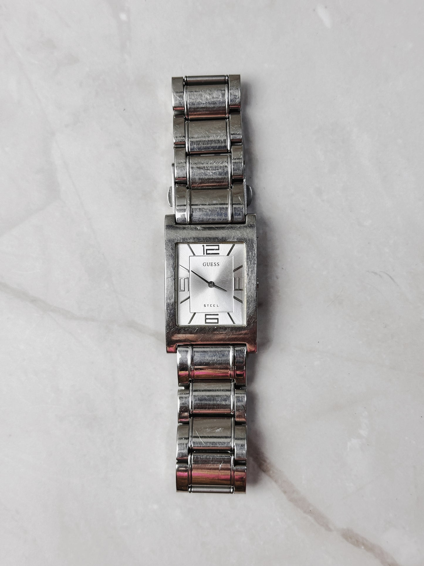 Guess Rectangular Watch – Stainless Steel – Silver Dial – Quartz – New Battery