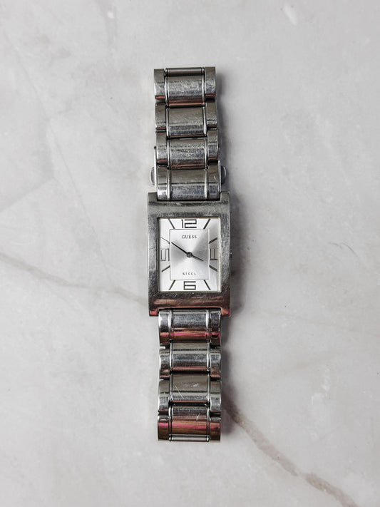 Guess Rectangular Watch – Stainless Steel – Silver Dial – Quartz – New Battery