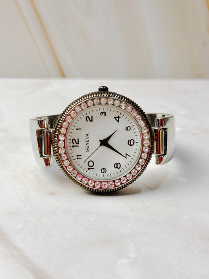 Geneva Crystal Bezel Bangle Watch – Silver Tone – White Dial – Quartz – New Battery