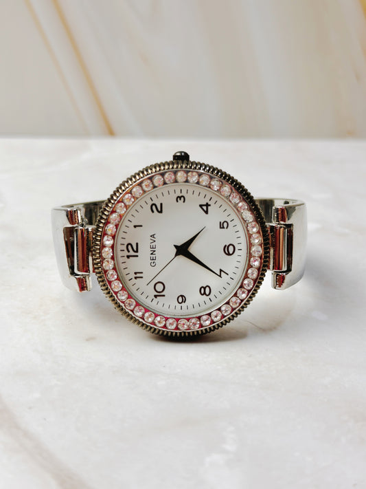 Geneva Crystal Bezel Bangle Watch – Silver Tone – White Dial – Quartz – New Battery