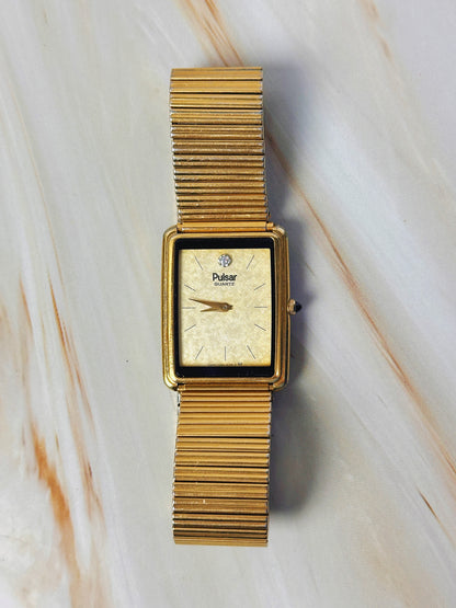 Pulsar Women’s Gold Tone Tank Style Watch – Diamond Accent Dial – Quartz Dress Watch