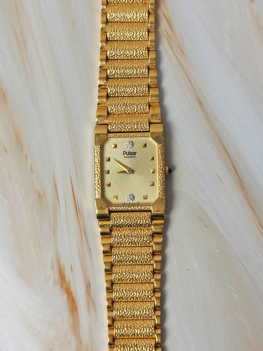 Pulsar Women’s Gold Tone Tank Style Watch – Diamond Accents – Quartz Dress Watch