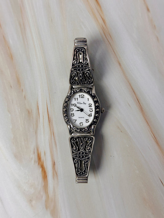 Willow Bay Vintage Style Women’s Watch – Marcasite Style Bracelet – Quartz – Slim Dress Watch