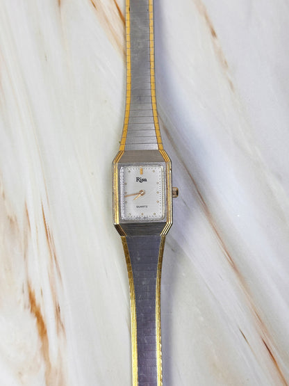 Risa Women’s Rectangular Dress Watch – Two Tone Gold & Silver – Slim Tank Style Quartz
