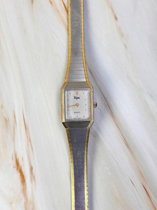 Risa Women’s Rectangular Dress Watch – Two Tone Gold & Silver – Slim Tank Style Quartz