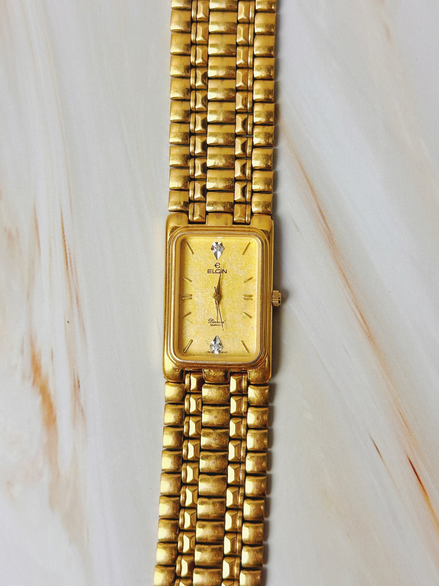 Elgin Gold Tone Tank Style Watch – Diamond Accents – Quartz Dress Watch (Unisex)