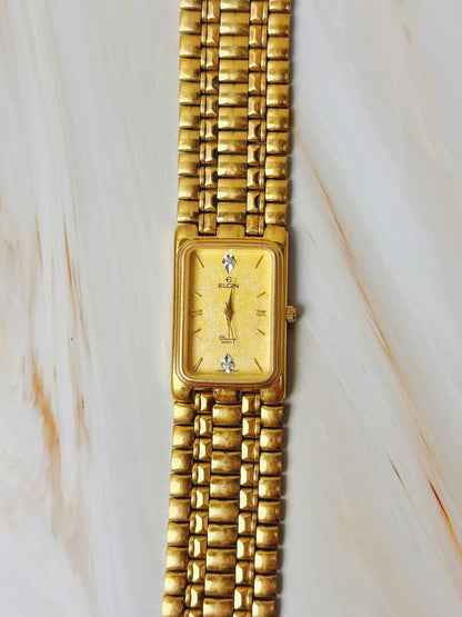 Elgin Gold Tone Tank Style Watch – Diamond Accents – Quartz Dress Watch (Unisex)