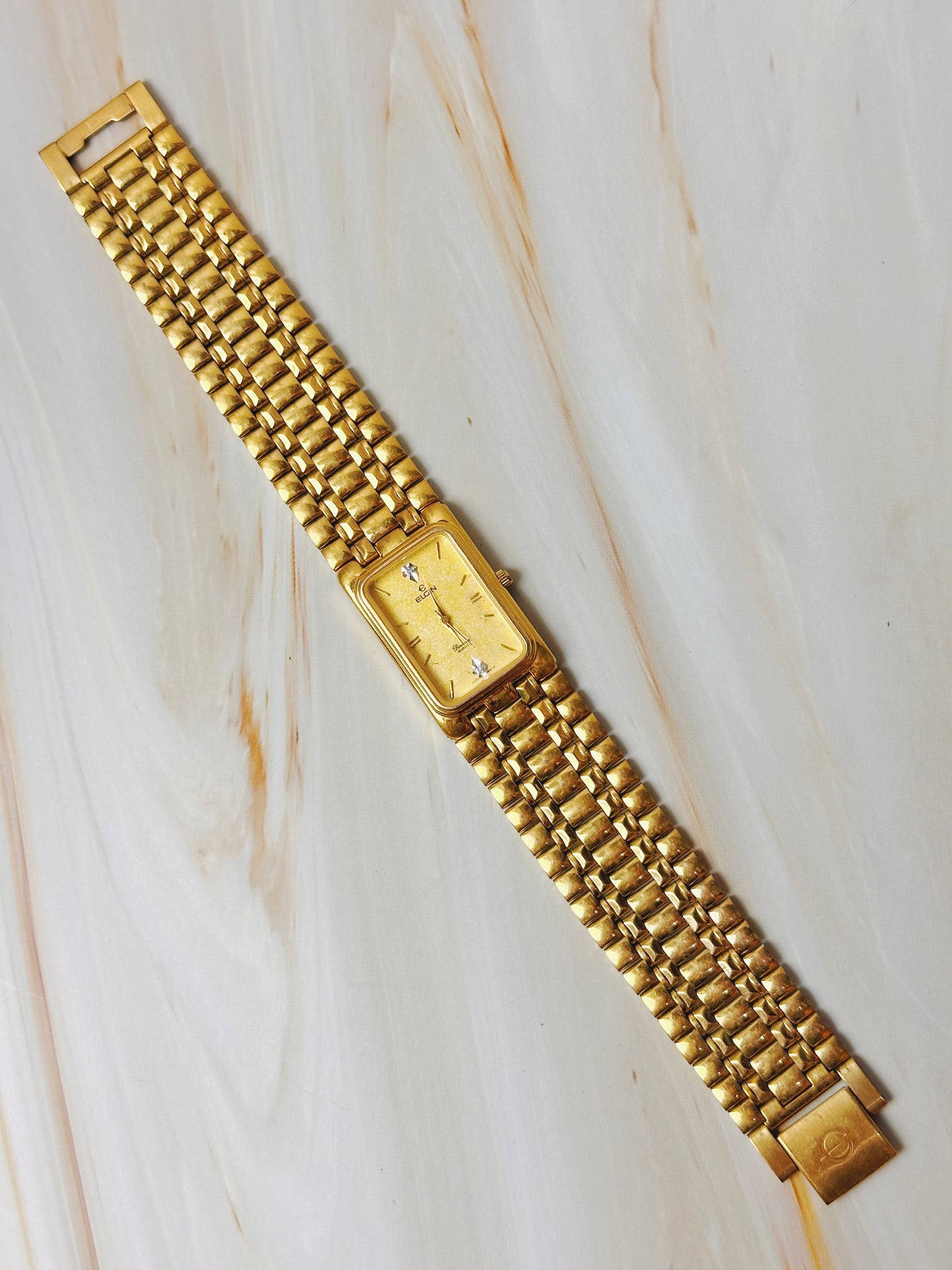 Elgin Gold Tone Tank Style Watch – Diamond Accents – Quartz Dress Watch (Unisex)