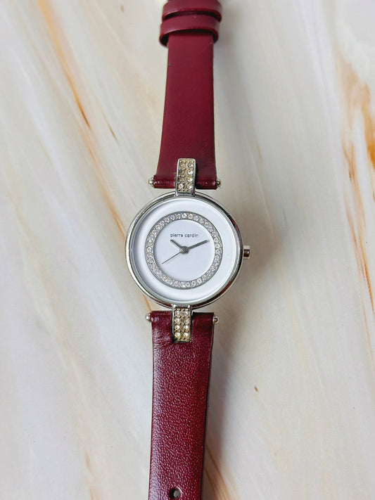 Pierre Cardin Women’s Crystal Bezel Watch – White Dial – Red Leather Strap – Quartz Dress Watch