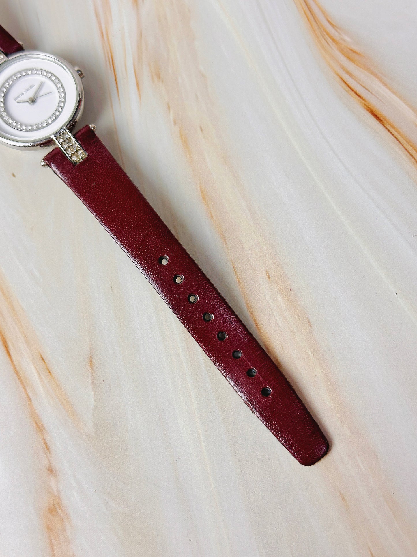 Pierre Cardin Women’s Crystal Bezel Watch – White Dial – Red Leather Strap – Quartz Dress Watch