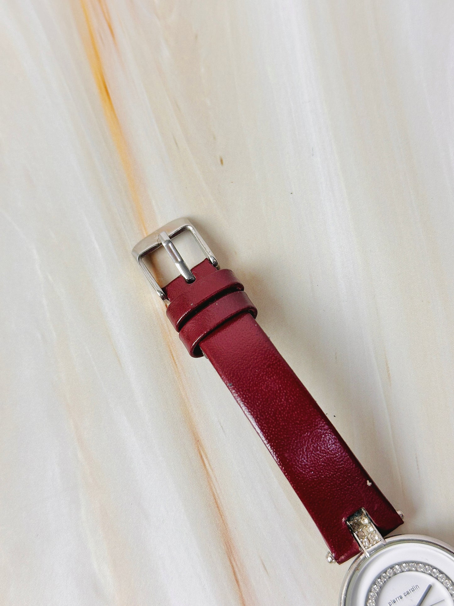 Pierre Cardin Women’s Crystal Bezel Watch – White Dial – Red Leather Strap – Quartz Dress Watch