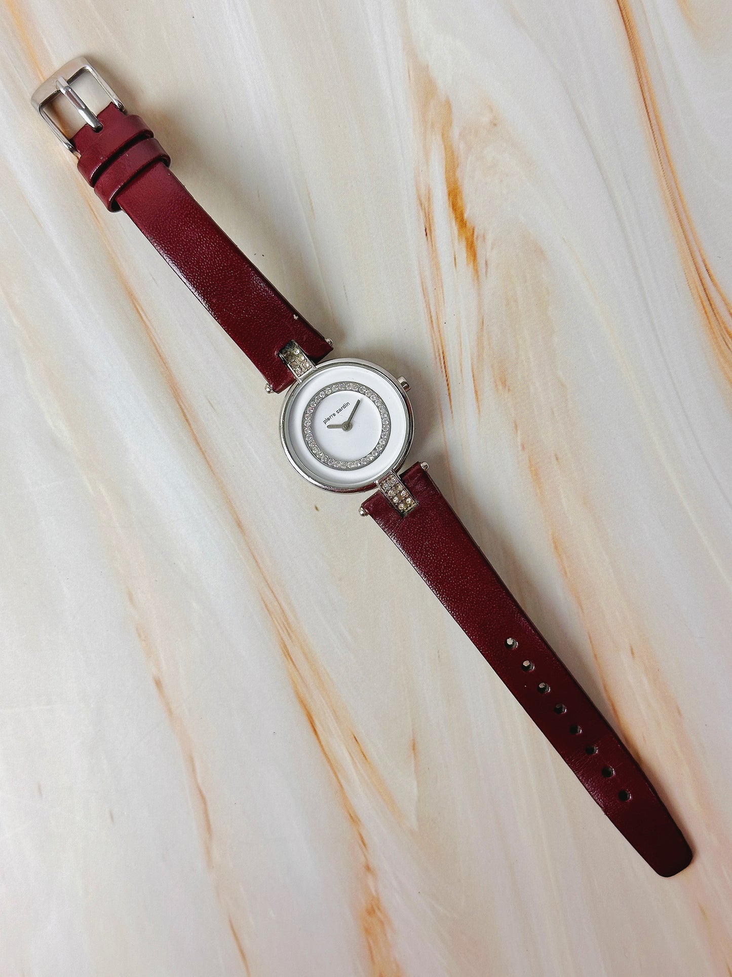 Pierre Cardin Women’s Crystal Bezel Watch – White Dial – Red Leather Strap – Quartz Dress Watch