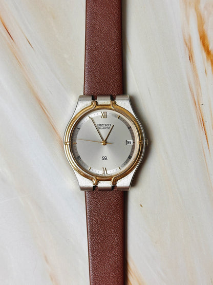 Seiko Quartz Men’s Watch – Two Tone Case – Date – Dark Brown Leather Strap