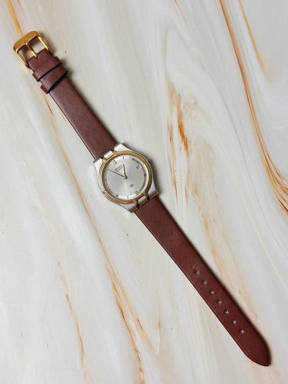 Seiko Quartz Men’s Watch – Two Tone Case – Date – Dark Brown Leather Strap