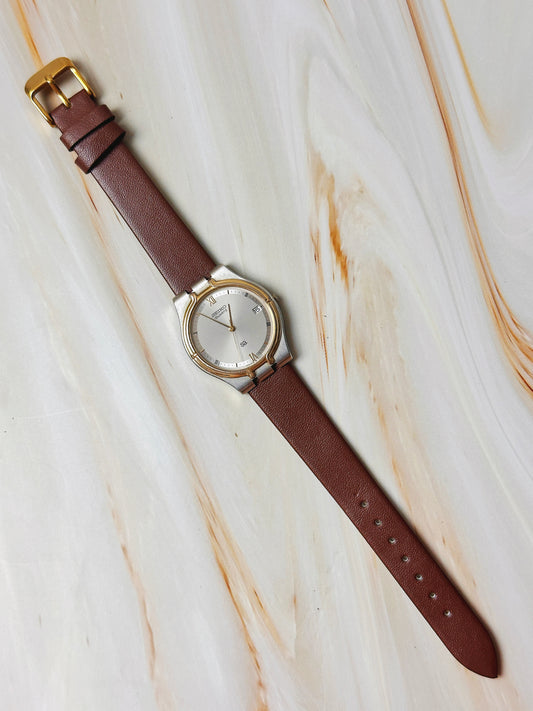 Seiko Quartz Men’s Watch – Two Tone Case – Date – Dark Brown Leather Strap
