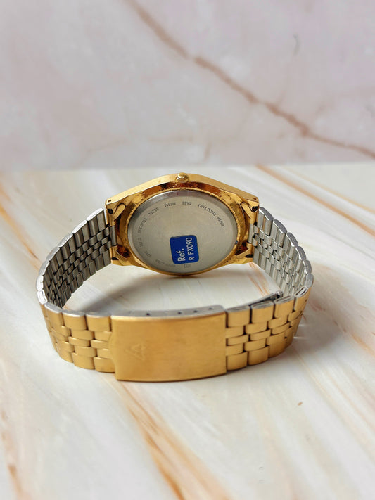 Lorus Quartz Men’s Watch – Day Date – Black Dial – Gold Tone Bracelet – Water Resistant