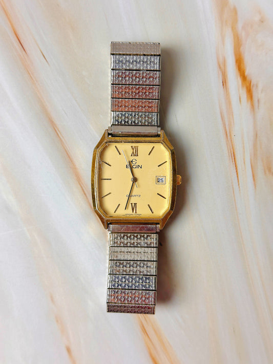 Elgin Quartz Vintage Watch – Gold Tone Square Case – Date – Two Tone Expansion Bracelet
