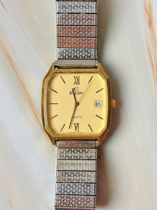 Elgin Quartz Vintage Watch – Gold Tone Square Case – Date – Two Tone Expansion Bracelet